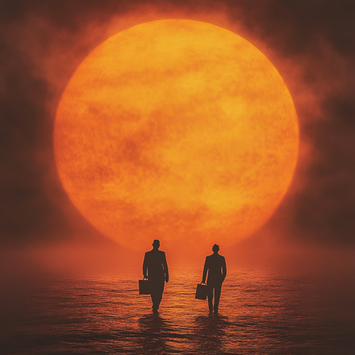 Mysterious ocean sunset with silhouetted figures walking.