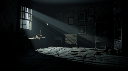 Mysterious room with looming shadows and eerie lighting.