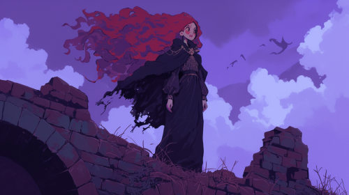 Mysterious woman in old clothes on ancient bridge.