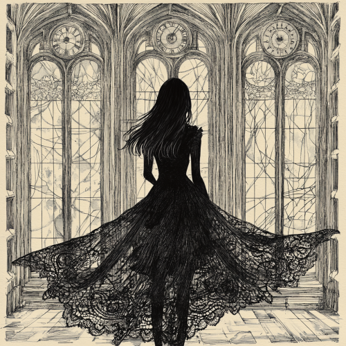 Mysterious woman stands by grand gothic window art. Mysterious woman stands by grand gothic window art.