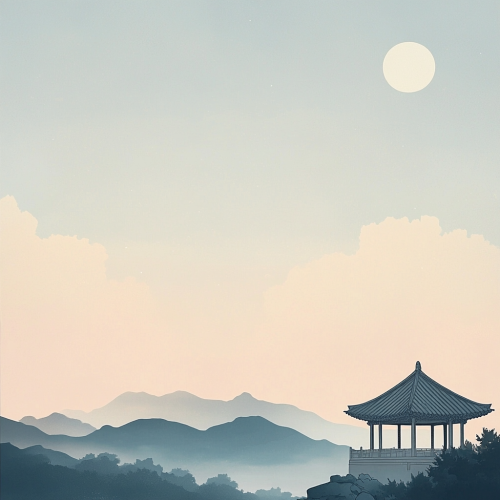 Mystical East Asian Night Scene in Pastel Hues