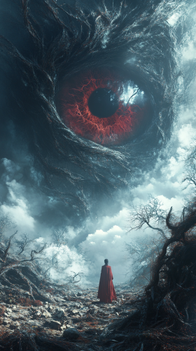 Mystical figure faces menacing colossal eye in darkness