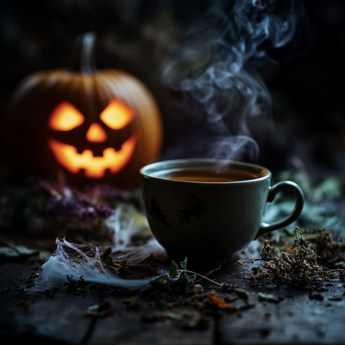 Mystical herbal tea on dark table, Halloween ambiance