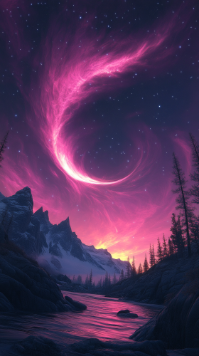 Mystical night sky with pink nebulae and crescent moon