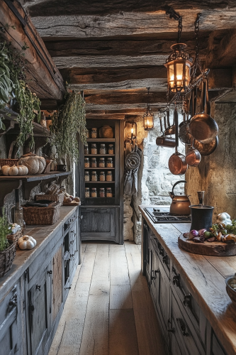 Mystical vintage kitchen with alchemy theme, organized clutter.