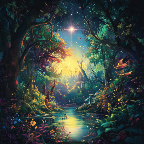 Mythical journey in forest seeking bright star Mythical journey in forest seeking bright star