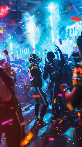 NFL players dance with gymnasts and politicians in nightclub.