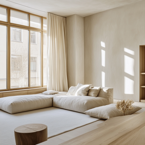 Natural materials, light wood, neutral tones create airy interior.