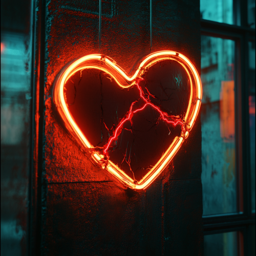 Neon Signs of Broken Hearts on Dark Wall