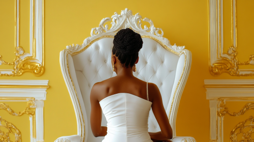 Nia Long's elegant beauty on white throne chair.