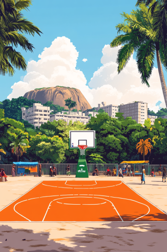 Nigerian-inspired basketball court with Abuja scenery in background.