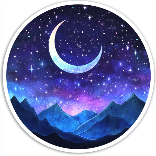 Night Court sticker design with moon, stars, mountains, wings. Night Court sticker design with moon, stars, mountains, wings.
