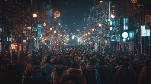Night crowd in Dublin, wide shot, hyper-realistic photography