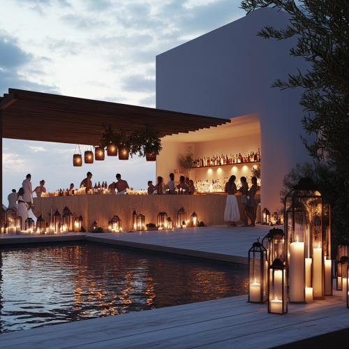 Night party at Mikonos resort with bar, pool, lanterns.
