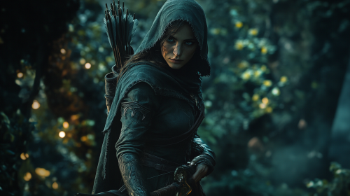 Night scene of elf rogue thief in action.