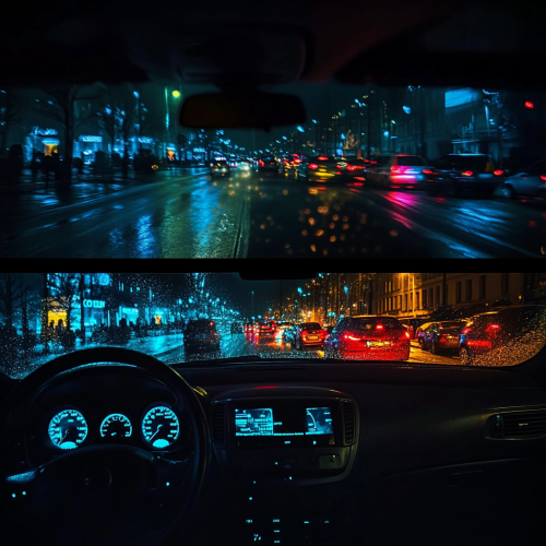 Night view from inside car with enhanced vision.