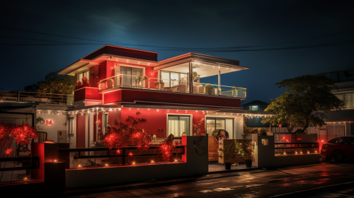Night view of a beautiful red home during Diwali