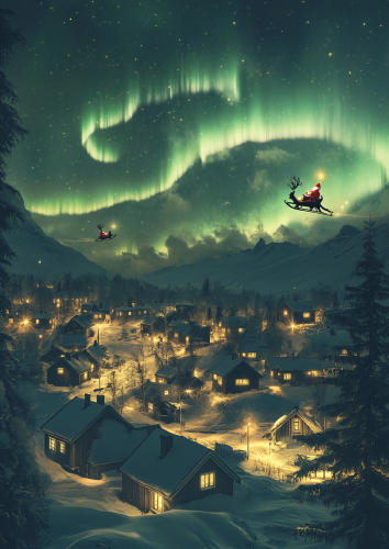 Nighttime Christmas scene in Norway with Santa flying