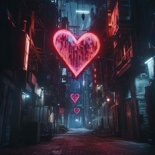 Nighttime Cyberfuturistic City with Broken Heart Theme