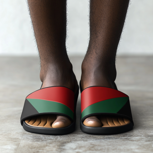 Nike-inspired sandals with flag design, bold colors, thick straps. Nike-inspired sandals with flag design, bold colors, thick straps.