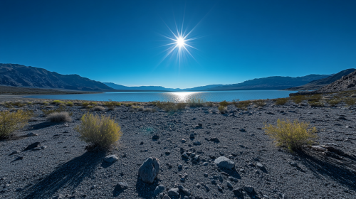 Nikon Z 9 captures desert, lake, green trees.