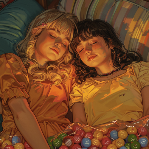 Nina and Maya sleep on couch with candy