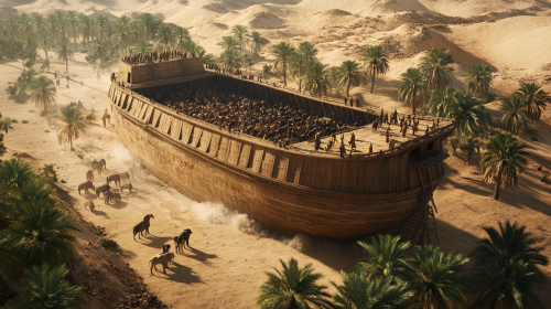 Noah's family and animals boarding giant desert ark