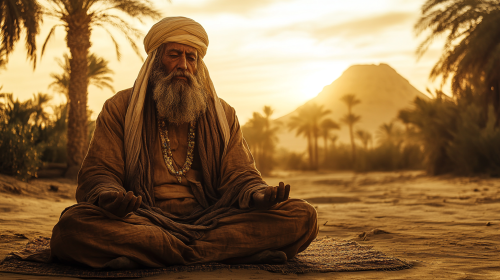 Noah meditates in desert oasis at dawn, 2000BC