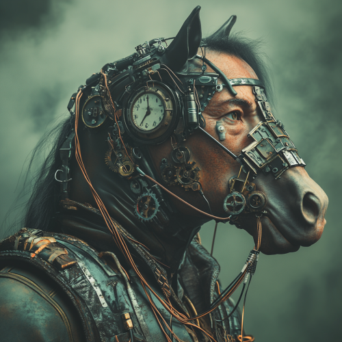 Nomad Kazakh warrior cyborg portrait with mechanical horse.