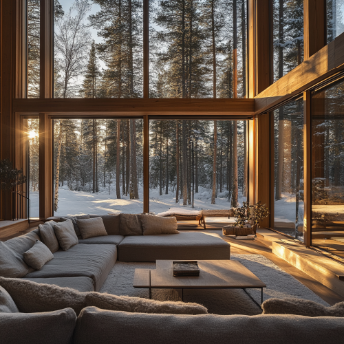 Nordic style home with wood, windows & cozy lighting.