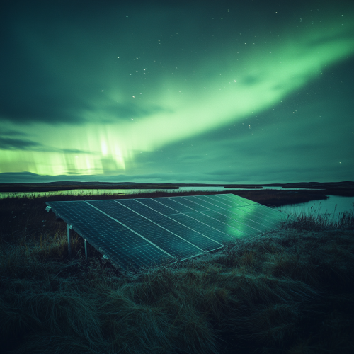 Northern Lights reflecting on solar panel in field