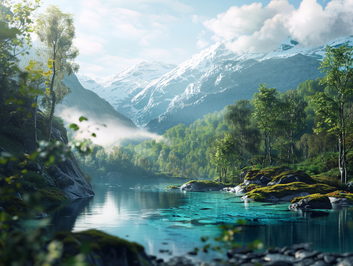 Norwegian Forest by Lake: Winter Morning Beauty