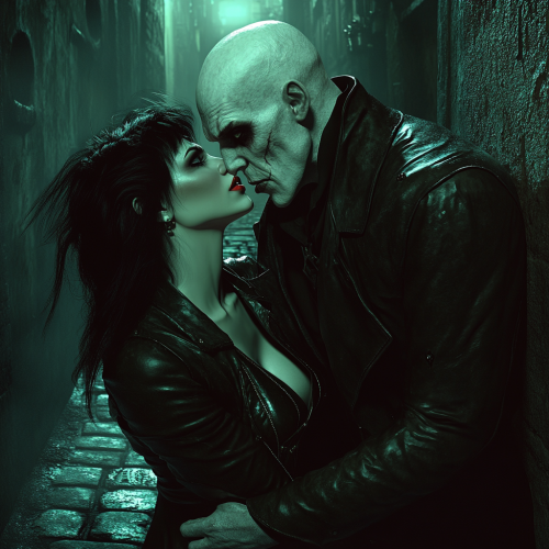 Nosferatu Vampire bites woman in dark alley. Nosferatu Vampire bites woman in dark alley.