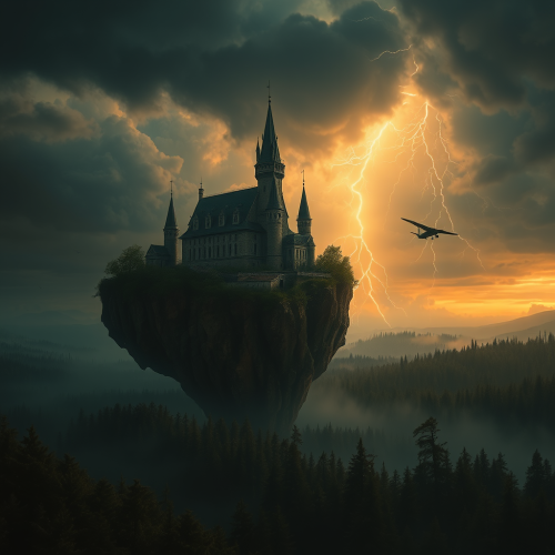 Obscure Castle on Floating Island under Lightning Storm