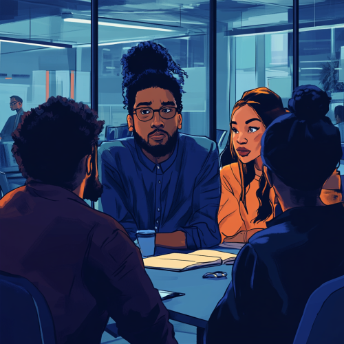 Office coworkers talking in modern blue office room