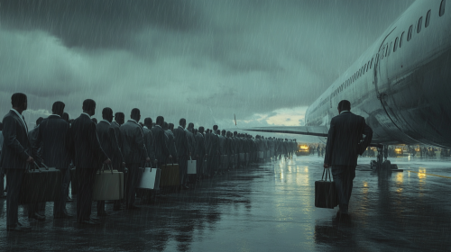 Office workers waiting in line to board airplane