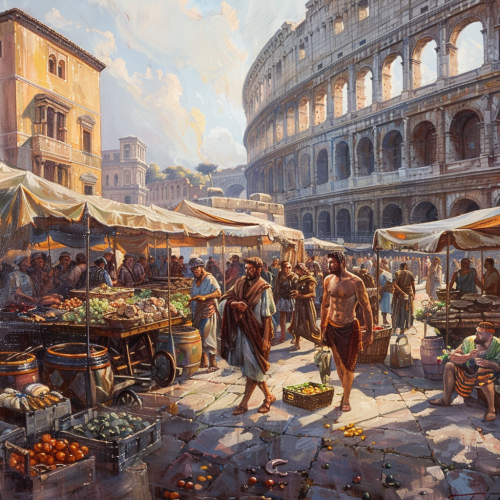 Oil painting of morning in ancient Rome marketplace.