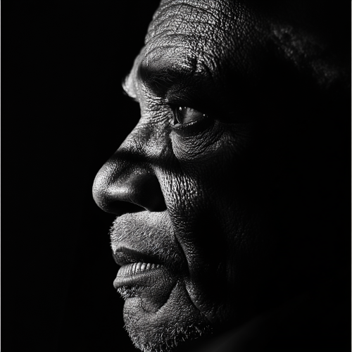 Old African man with wrinkled face in light and dark.