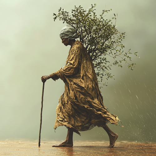 Old Haitian woman with walking stick, blooming trees.