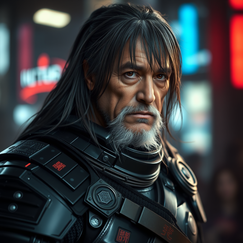 Old Man in Black Samurai Armor in Cyberpunk Setting