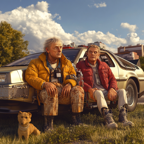 Old Marty McFly and Doc Brown with dog near. Old Marty McFly and Doc Brown with dog near.