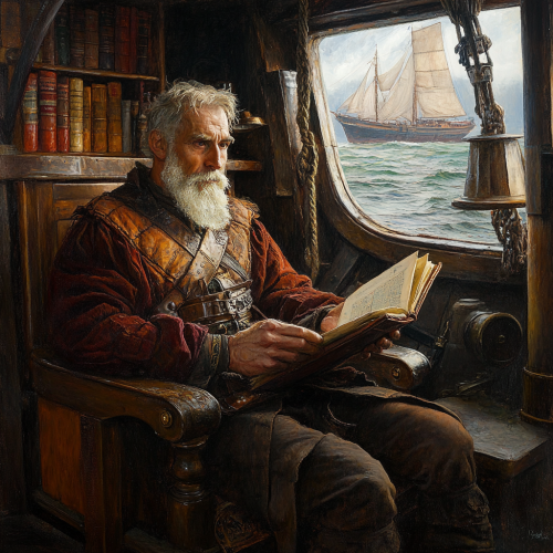 Old Scholar Reading Book in Captain's Boat Chamber