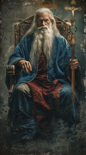 Old Tarot Card Elderly Man on Blue Throne 