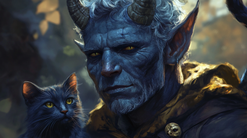 Old Tiefling Ranger and Cat Companion: Video Game Concept