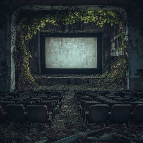 Old decaying movie theatre screen surrounded by empty seats.
