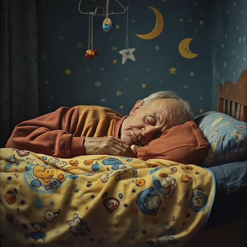 Old man sleeps with blanket and mobile.