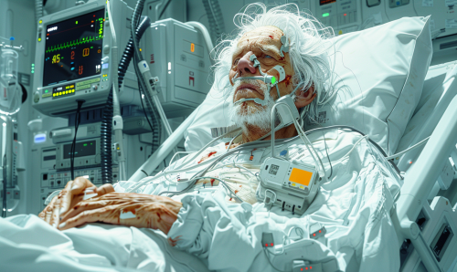 Old man with silver hair lying in hospital bed.