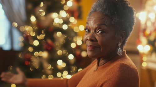 Older African American aunt hugs, Christmas decorations behind.