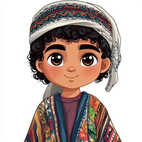 Olive skin, curly hair, brown eyes, colorful attire, keffiyeh