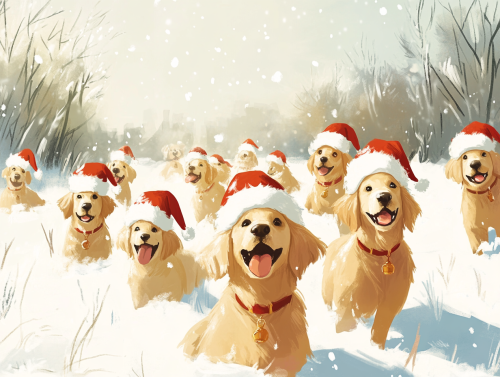Oliver Jeffers style: Golden Retrievers w/ Santa hats playing.